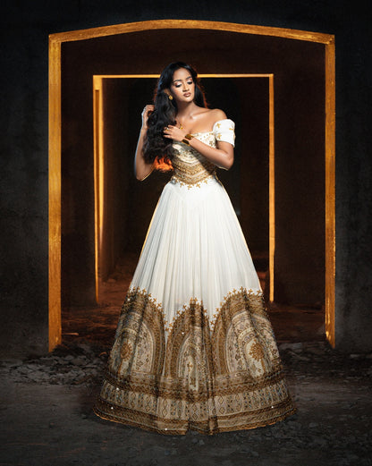 Royal Golden Cathedral Arches Habesha Kemis Off-Shoulder Ethiopian Wedding Dress with Corset Bodice 1296