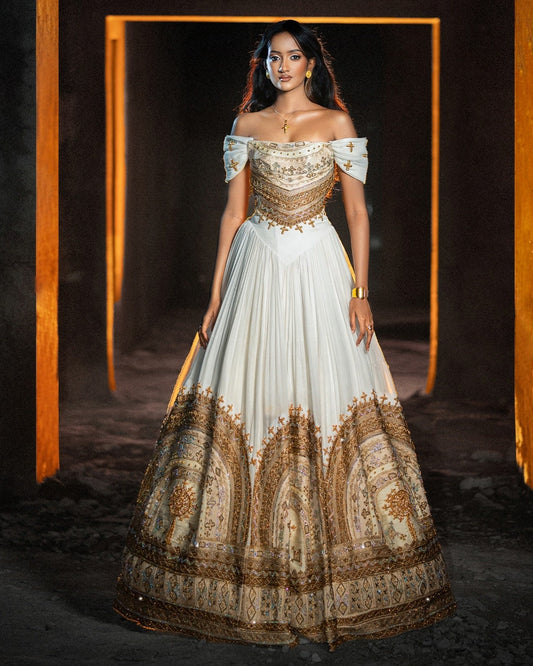 Majestic Gold Embroidered Off-Shoulder Bridal Ballgown Pure habesha cloth
