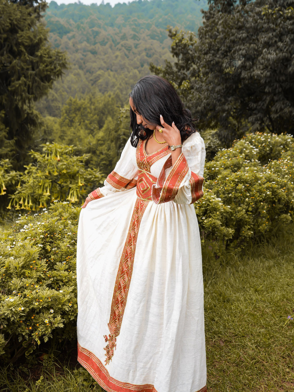 Royal Brick Red & Golden Diamond Embroidered V-Neck Habesha Kemis Ethiopian traditional dress For Festive 1297
