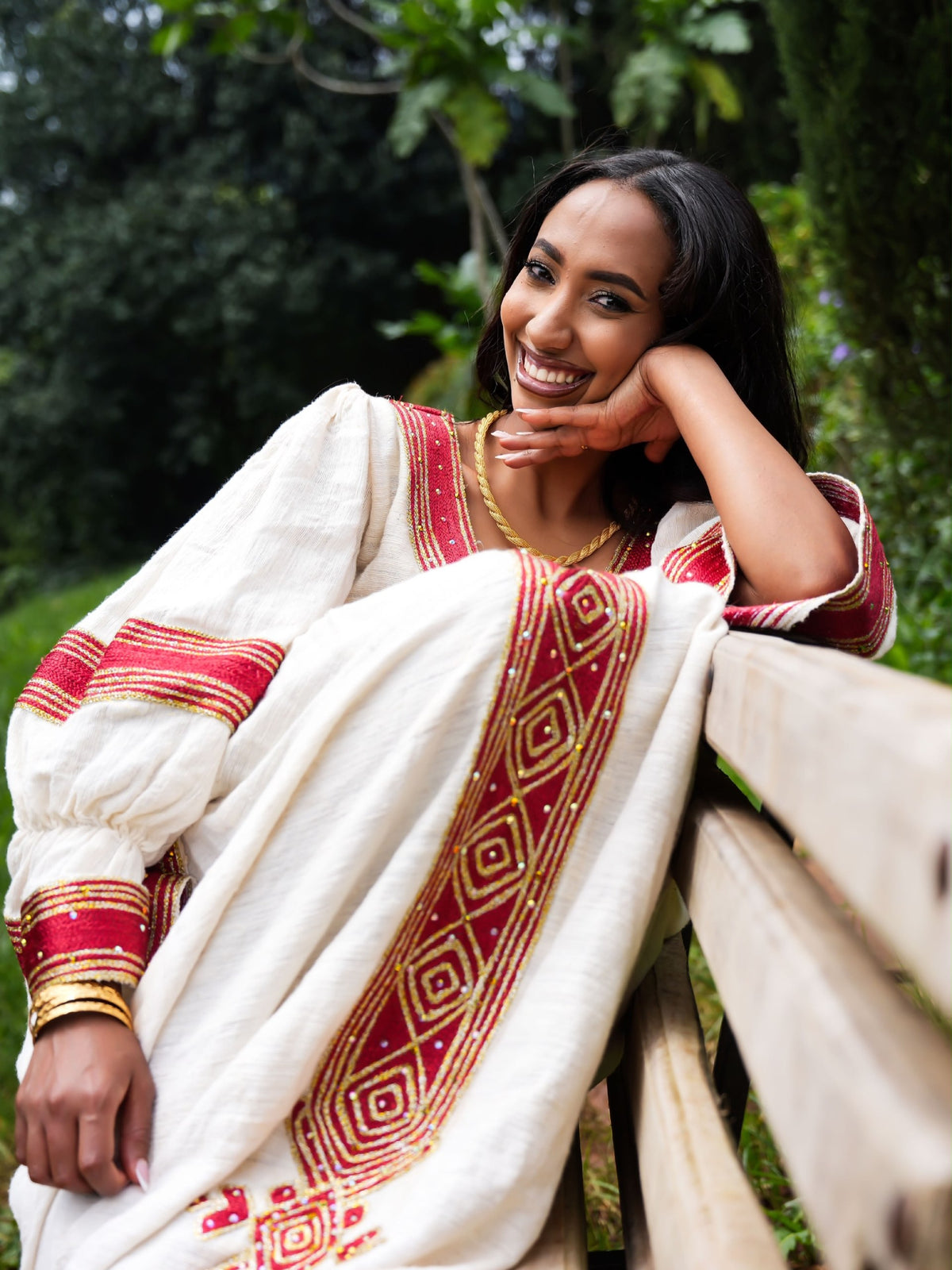 Royal Brick Red & Golden Diamond Embroidered V-Neck Habesha Kemis Ethiopian traditional dress For Festive 1297