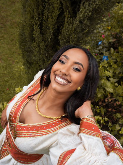 Royal Brick Red & Golden Diamond Embroidered V-Neck Habesha Kemis Ethiopian traditional dress For Festive 1297