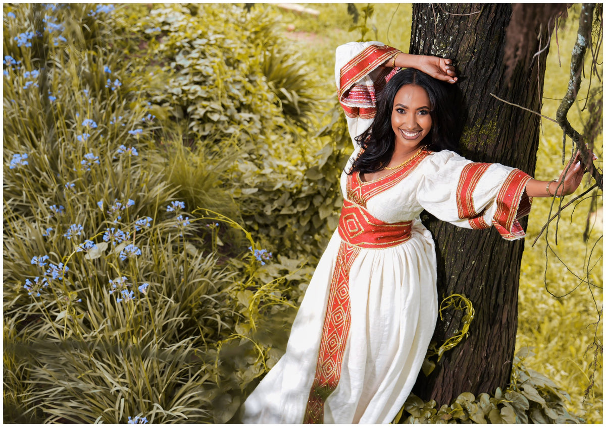 Royal Brick Red & Golden Diamond Embroidered V-Neck Habesha Kemis Ethiopian traditional dress For Festive 1297