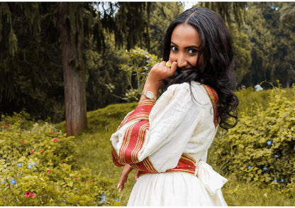 Royal Brick Red & Golden Diamond Embroidered V-Neck Habesha Kemis Ethiopian traditional dress For Festive 1297