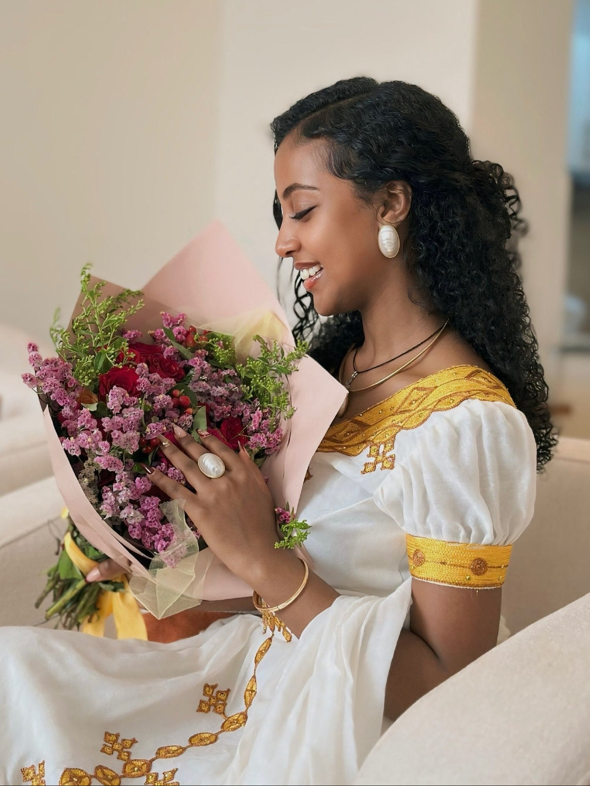 Bright Gold Cross Lattice Habesha Kemis Short-Sleeve Habesha Dress with Matching Netela 1298