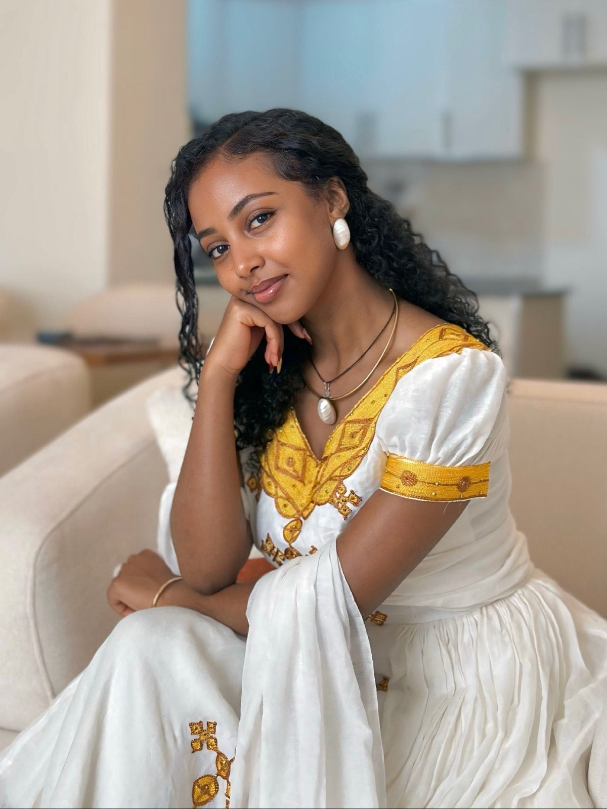 Bright Gold Cross Lattice Habesha Kemis Short-Sleeve Habesha Dress with Matching Netela 1298