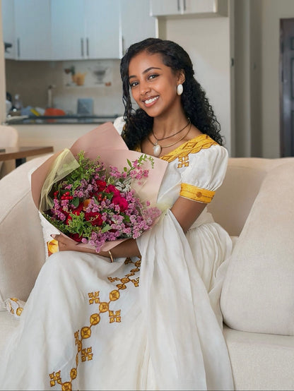 Bright Gold Cross Lattice Habesha Kemis Short-Sleeve Habesha Dress with Matching Netela 1298