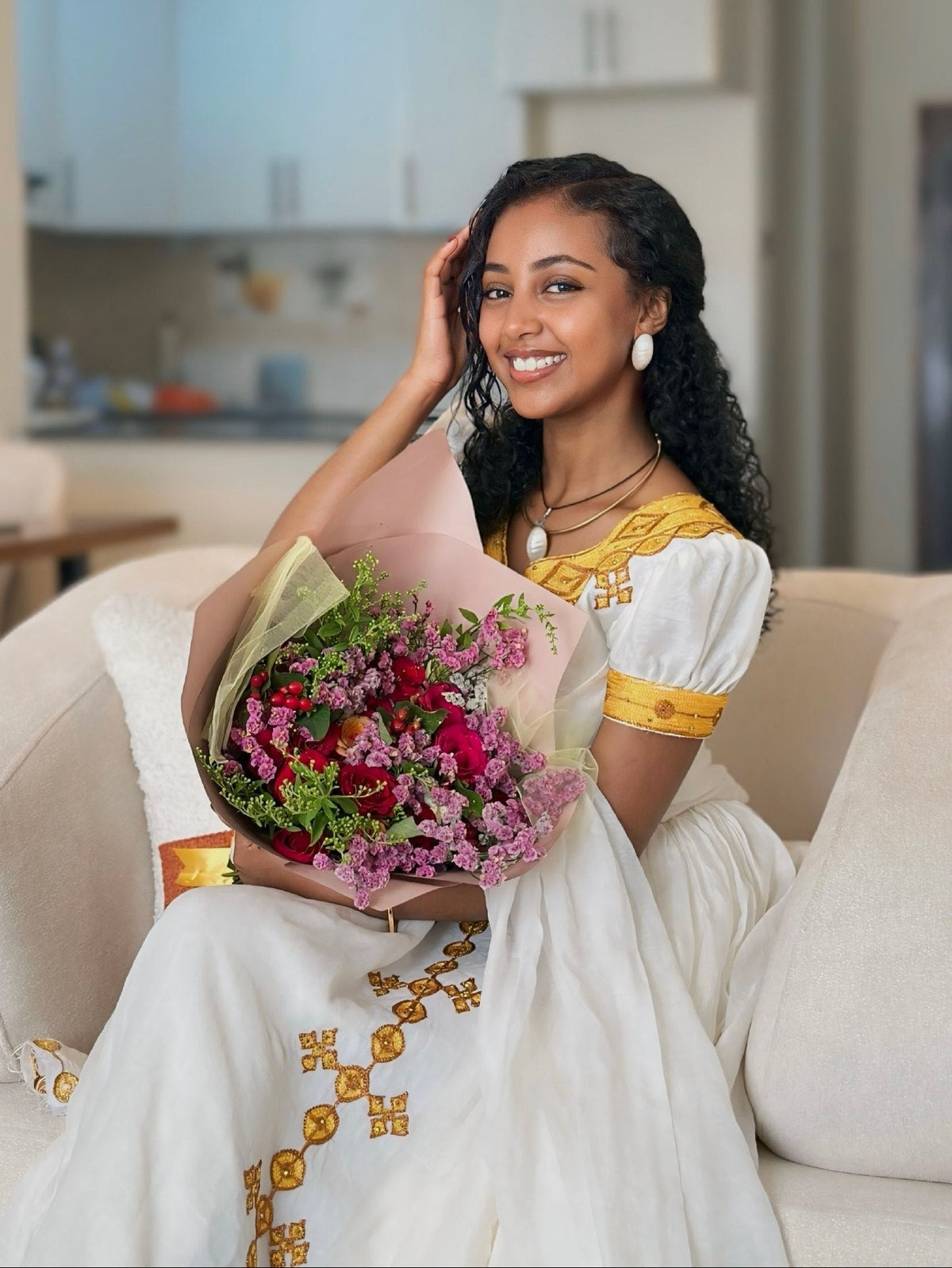 Bright Gold Cross Lattice Habesha Kemis Short-Sleeve Habesha Dress with Matching Netela 1298