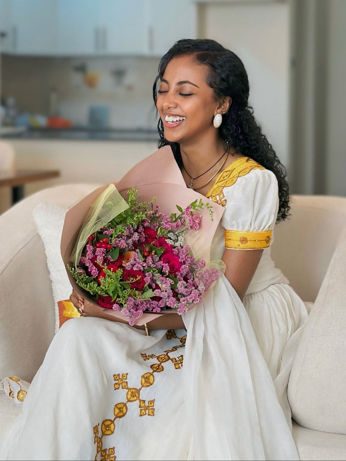 Bright Gold Cross Lattice Habesha Kemis Short-Sleeve Habesha Dress with Matching Netela 1298