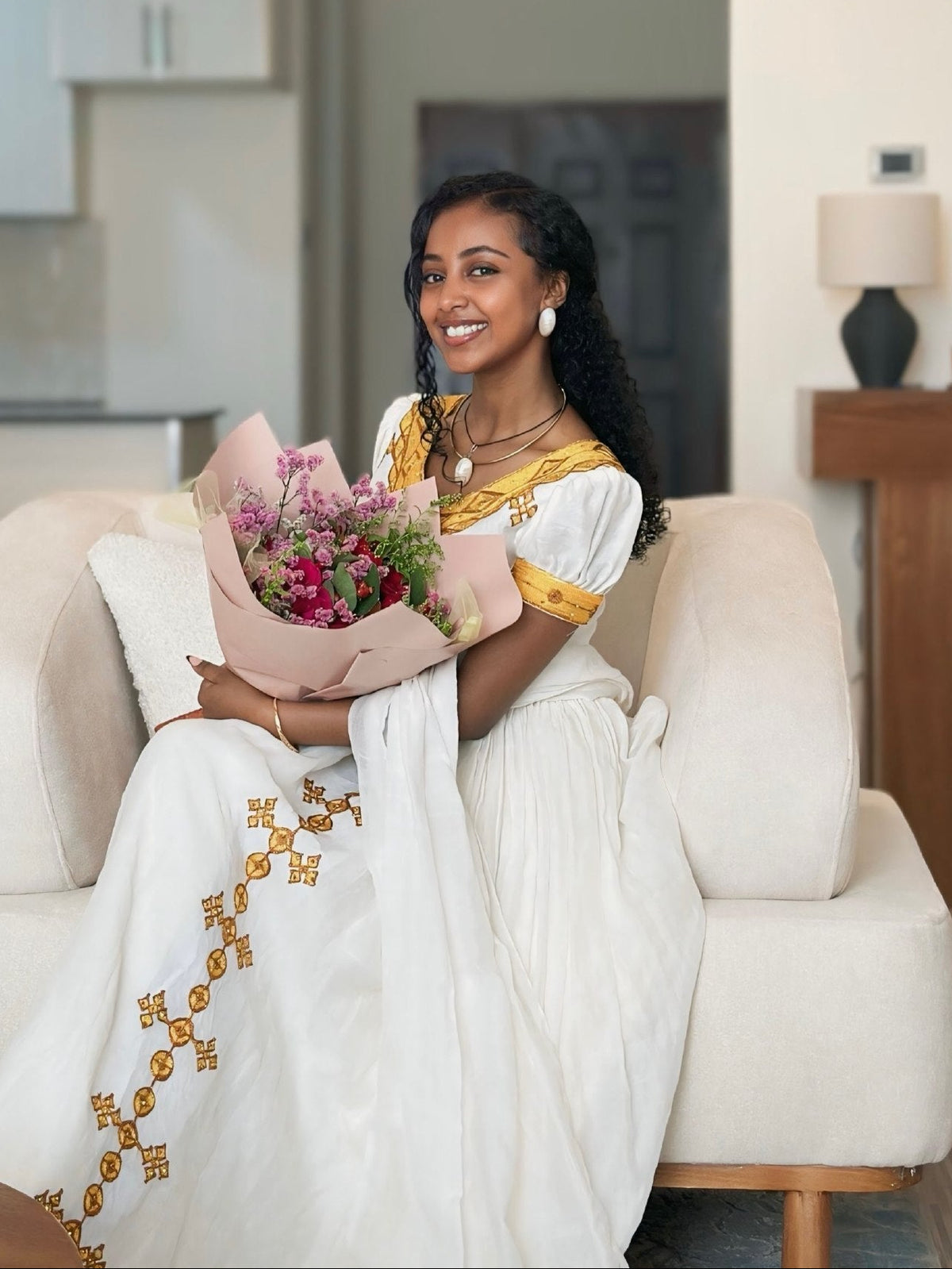 Bright Gold Cross Lattice Habesha Kemis Short-Sleeve Habesha Dress with Matching Netela 1298