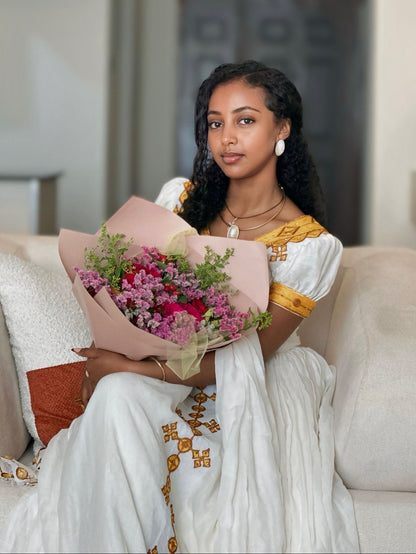 Bright Gold Cross Lattice Habesha Kemis Short-Sleeve Habesha Dress with Matching Netela 1298