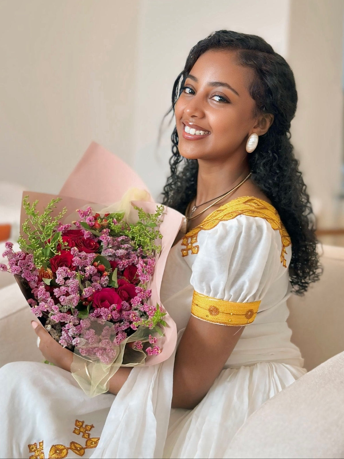 Bright Gold Cross Lattice Habesha Kemis Short-Sleeve Habesha Dress with Matching Netela 1298