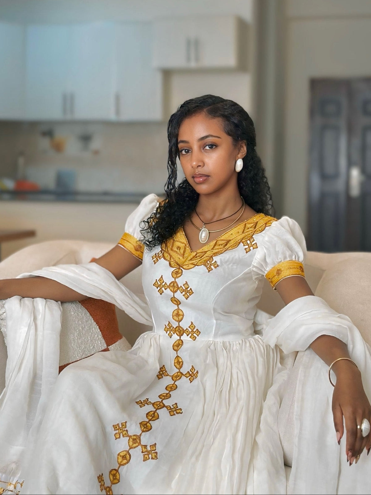 Bright Gold Cross Lattice Habesha Kemis Short-Sleeve Habesha Dress with Matching Netela 1298