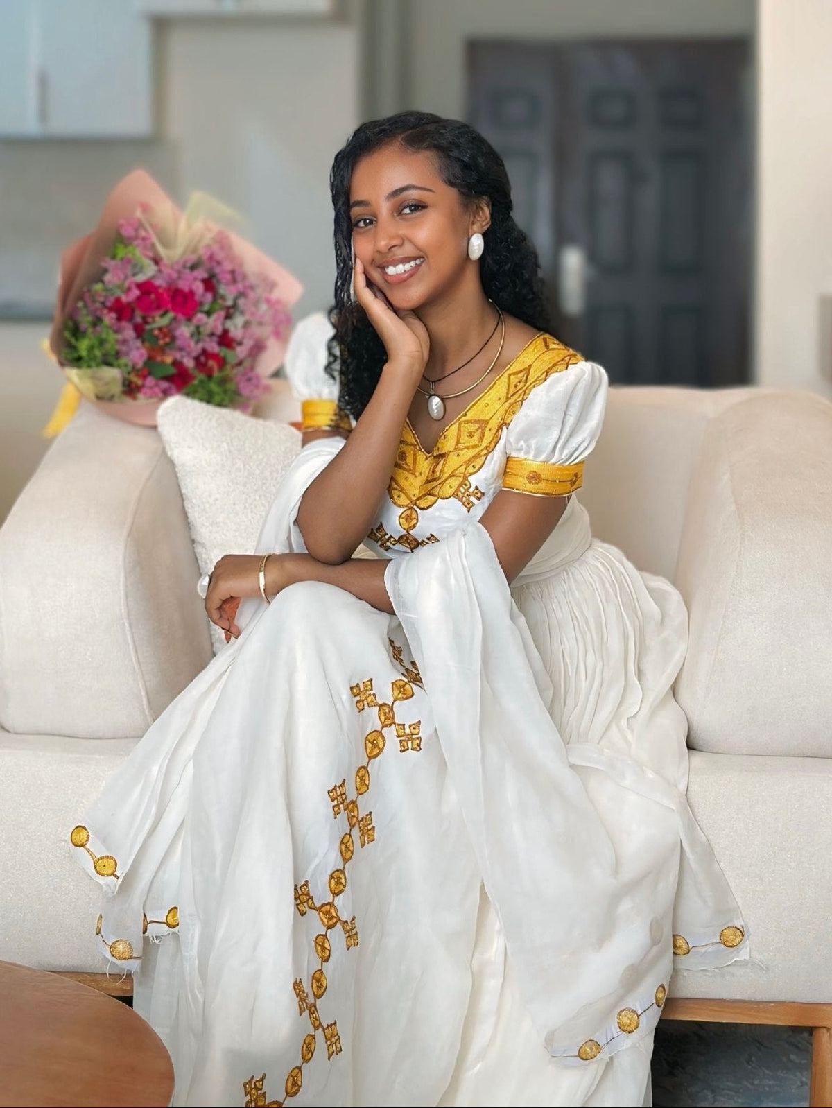 Bright Gold Cross Lattice Habesha Kemis Short-Sleeve Habesha Dress with Matching Netela 1298