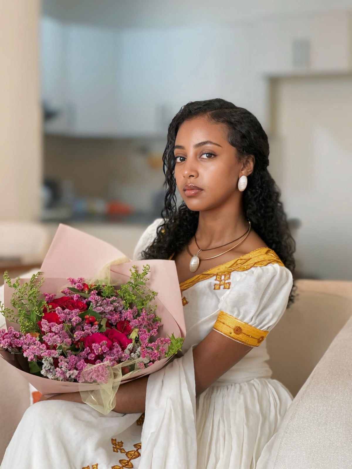 Bright Gold Cross Lattice Habesha Kemis Short-Sleeve Habesha Dress with Matching Netela 1298