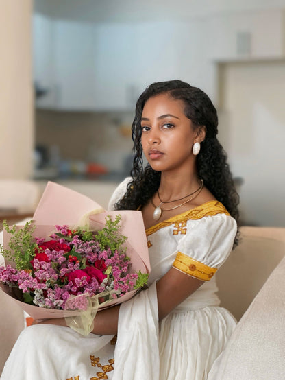 Bright Gold Cross Lattice Habesha Kemis Short-Sleeve Habesha Dress with Matching Netela 1298