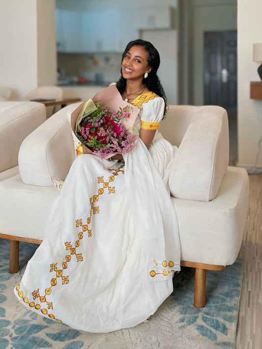 Sunshine Gold Embroidered Cap-Sleeve Gown Pure habesha cloth