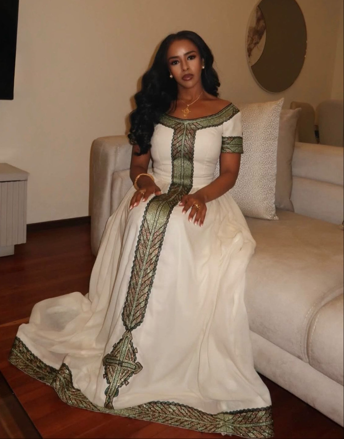 Off-Shoulder Sage & Gold Embroidered Cultural Outfit Pure habesha cloth