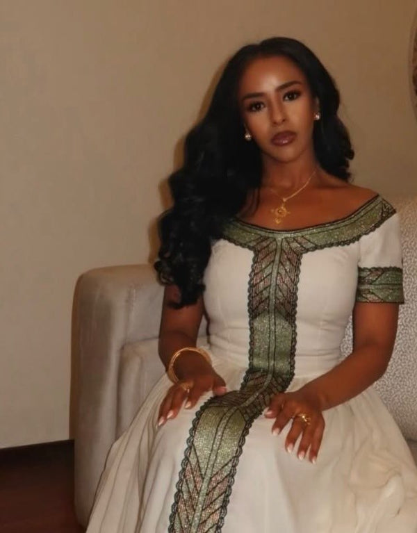 Royal Sage Green Habesha Kemis with Central Chevron Cross Tapestry Ethiopian traditional dress 1299
