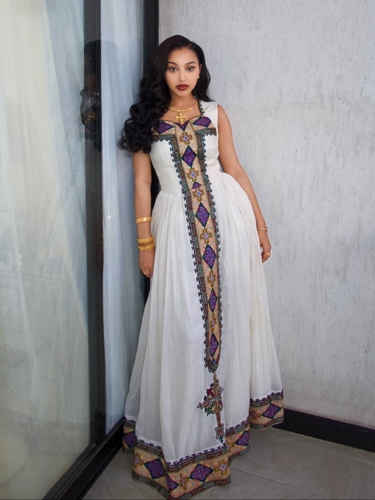 Sleeveless Purple & Gold Diamond Embroidered Gown Timeless habesha cloth