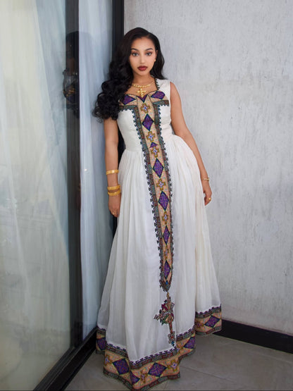 Sleeveless Purple & Gold Diamond Embroidered Gown Timeless habesha cloth