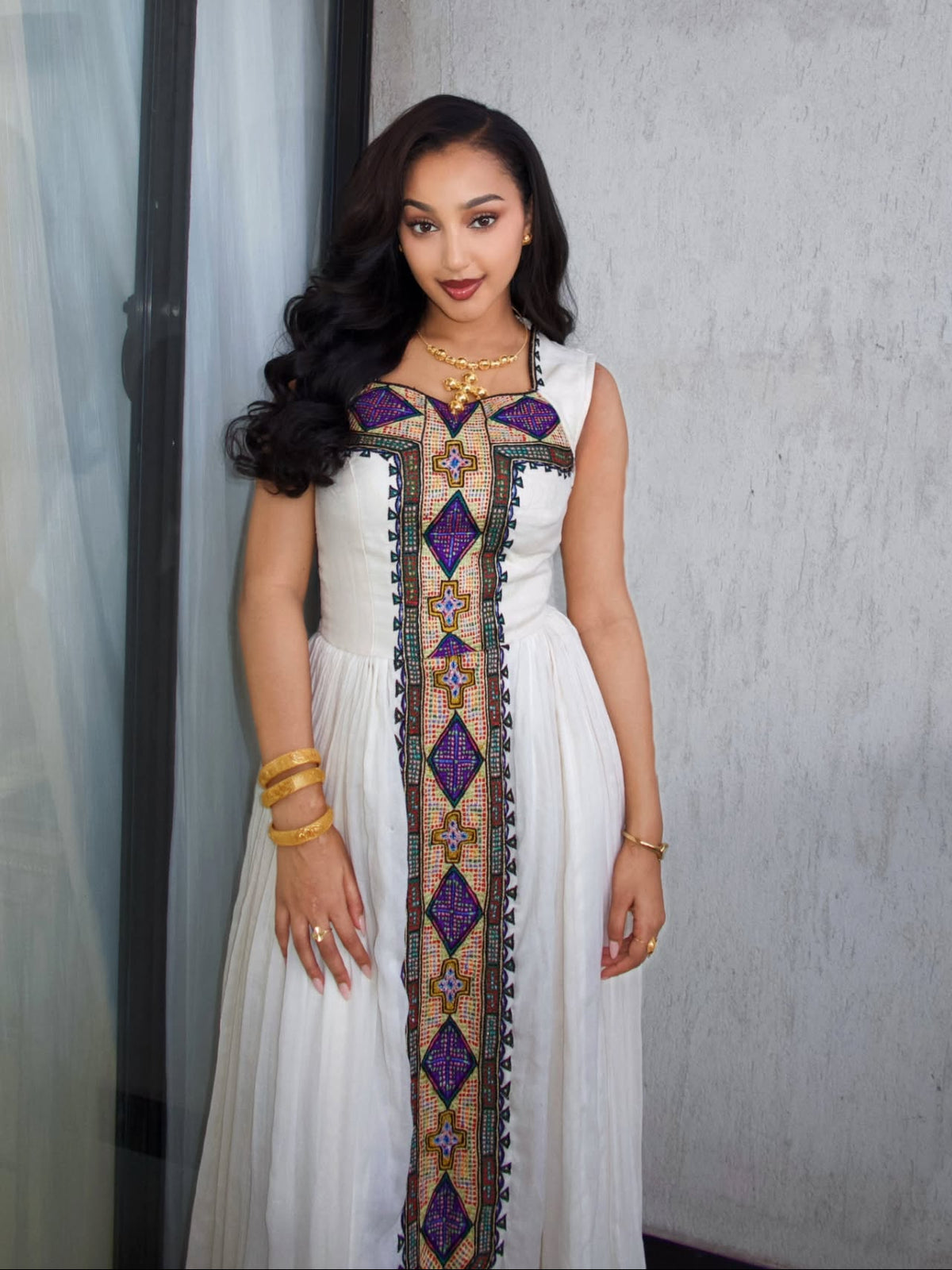 Jewel-Toned Purple & Gold Geometric Ethiopian Dress Sleeveless Habesha Kemis with Central Tapestry Column 1300