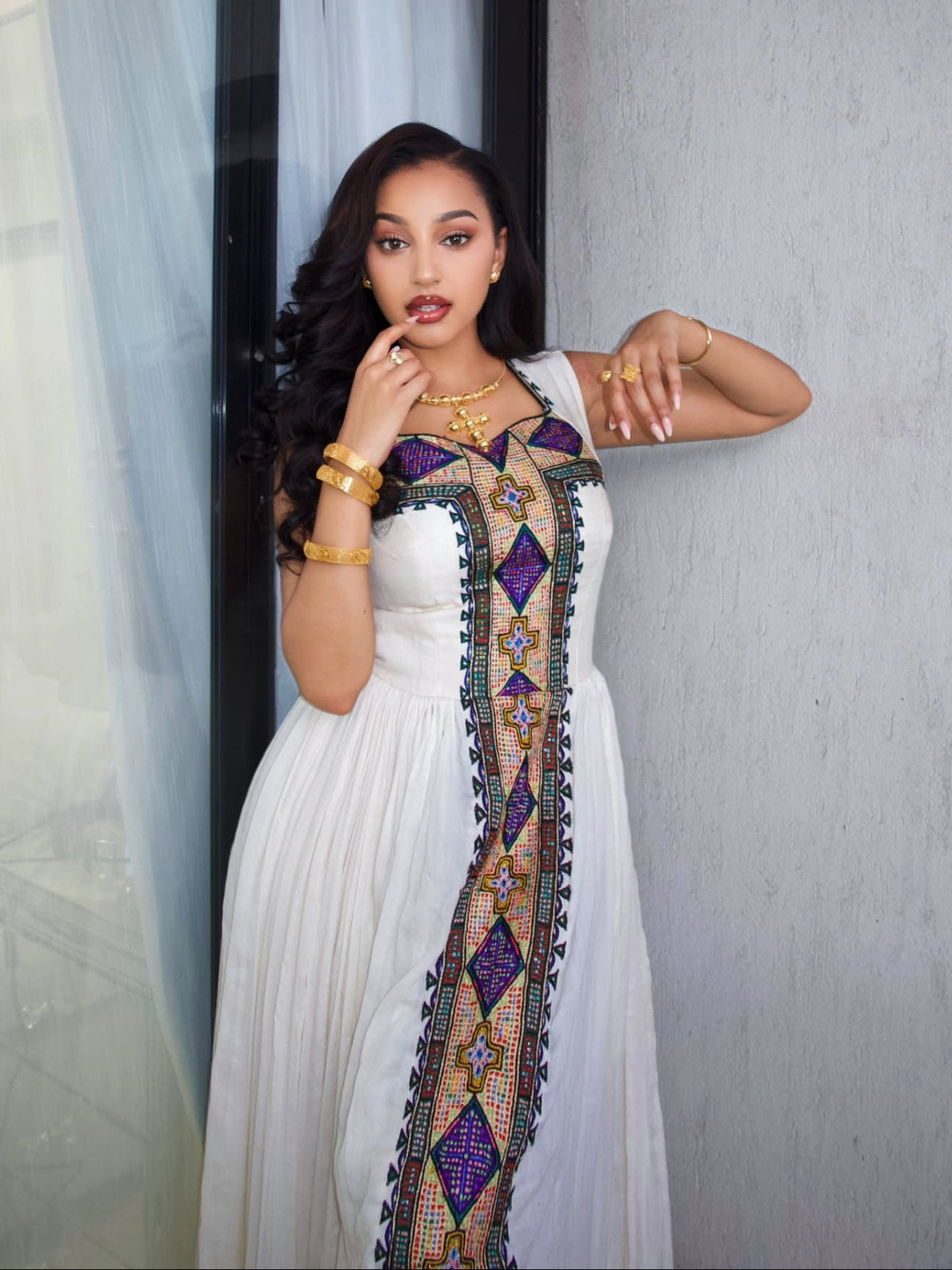 Jewel-Toned Purple & Gold Geometric Ethiopian Dress Sleeveless Habesha Kemis with Central Tapestry Column 1300