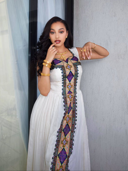 Jewel-Toned Purple & Gold Geometric Ethiopian Dress Sleeveless Habesha Kemis with Central Tapestry Column 1300