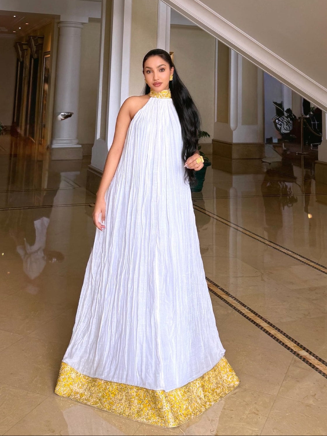 Sunshine Gold Halter-Neck Crinkle Pleated Habesha Dress High Collar Embroidery Habesha Kemis Ethiopian traditional dress 1301