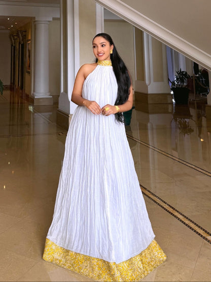 Sunshine Gold Halter-Neck Crinkle Pleated Habesha Dress High Collar Embroidery Habesha Kemis Ethiopian traditional dress 1301