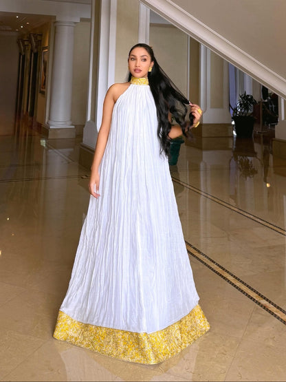 Sunshine Gold Halter-Neck Crinkle Pleated Habesha Dress High Collar Embroidery Habesha Kemis Ethiopian traditional dress 1301