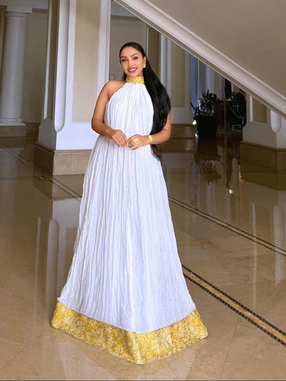 Sunshine Gold Halter-Neck Crinkle Pleated Habesha Dress High Collar Embroidery Habesha Kemis Ethiopian traditional dress 1301