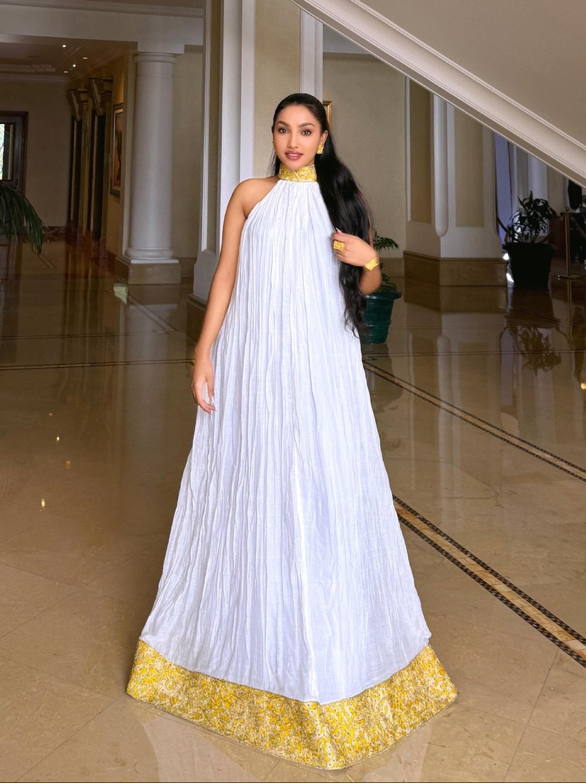 Sunshine Gold Halter-Neck Crinkle Pleated Habesha Dress High Collar Embroidery Habesha Kemis Ethiopian traditional dress 1301