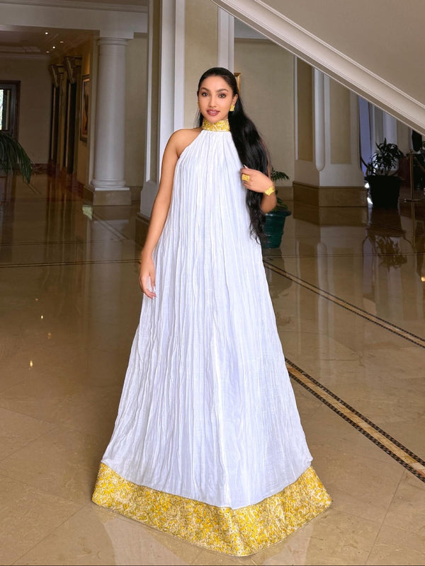 Sunshine Gold Halter-Neck Crinkle Pleated Habesha Dress High Collar Embroidery Habesha Kemis Ethiopian traditional dress 1301