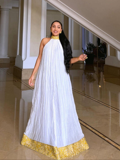 Sunshine Gold Halter-Neck Crinkle Pleated Habesha Dress High Collar Embroidery Habesha Kemis Ethiopian traditional dress 1301