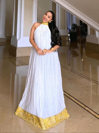 Sunshine Gold Halter-Neck Crinkle Pleated Habesha Dress High Collar Embroidery Habesha Kemis Ethiopian traditional dress 1301