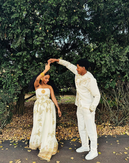 Matching Royal Gold Floral Embroidered Strapless Gown & Men's Shirt Set ethiopian clothing 1302