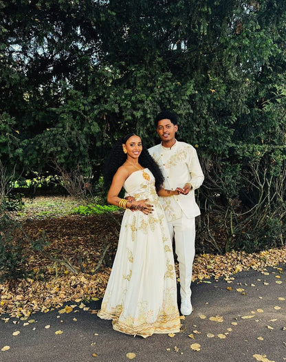 Matching Royal Gold Floral Embroidered Strapless Gown & Men's Shirt Set ethiopian clothing 1302