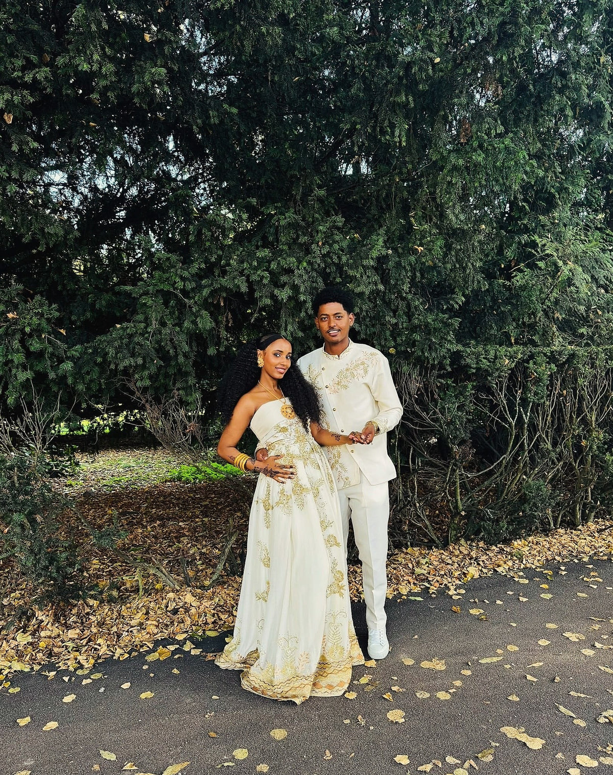 Matching Royal Gold Floral Embroidered Strapless Gown & Men's Shirt Set ethiopian clothing 1302