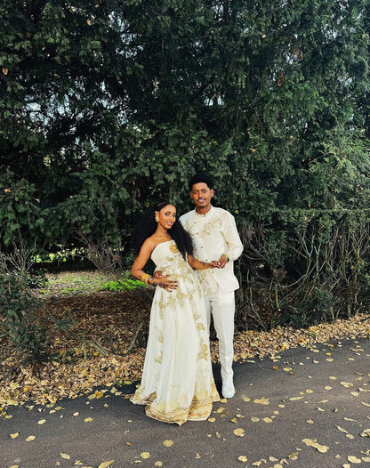 Matching Royal Gold Floral Embroidered Strapless Gown & Men's Shirt Set ethiopian clothing 1302
