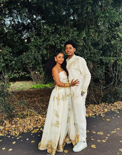 Matching Royal Gold Floral Embroidered Strapless Gown & Men's Shirt Set ethiopian clothing 1302