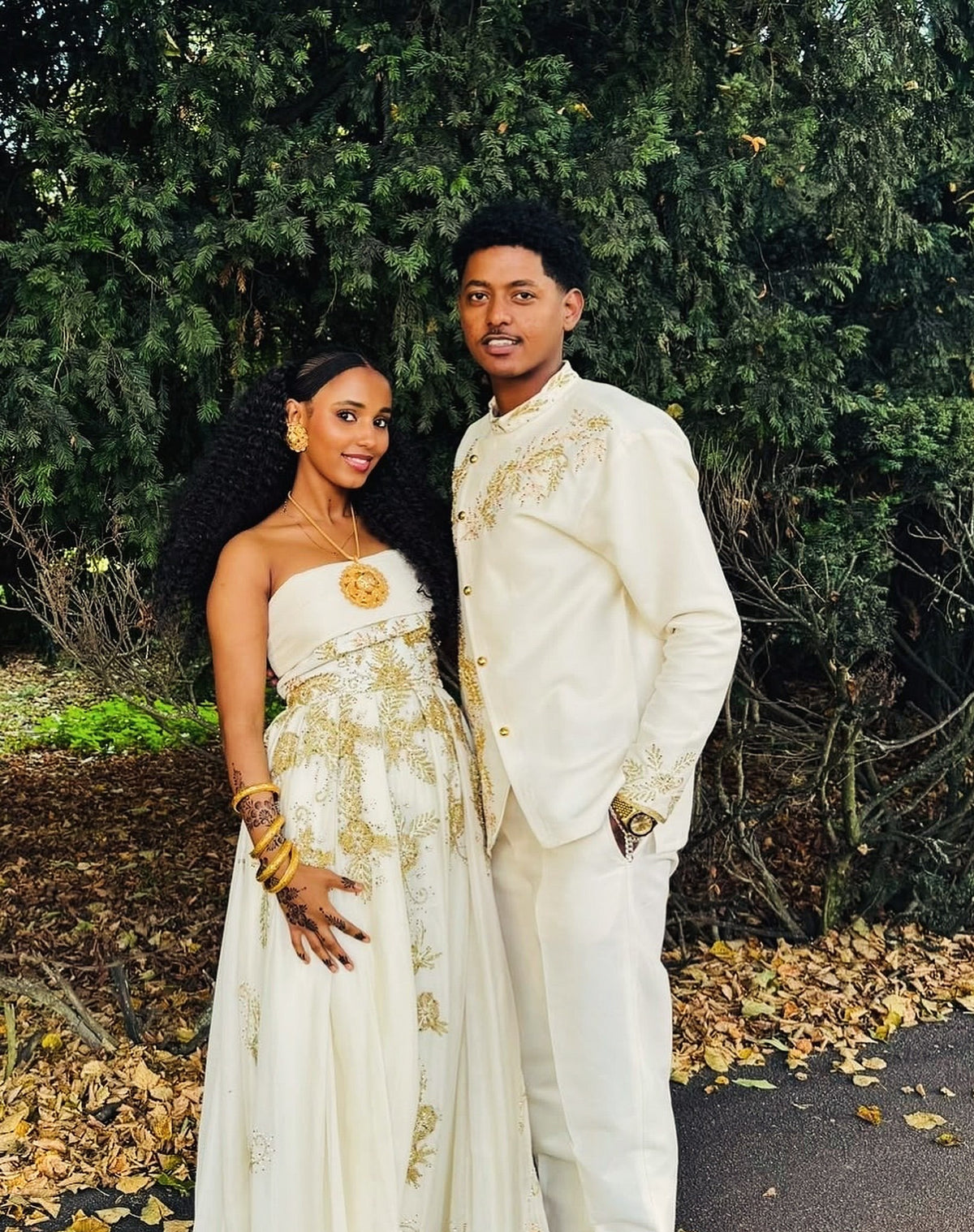 Matching Royal Gold Floral Embroidered Strapless Gown & Men's Shirt Set ethiopian clothing 1302