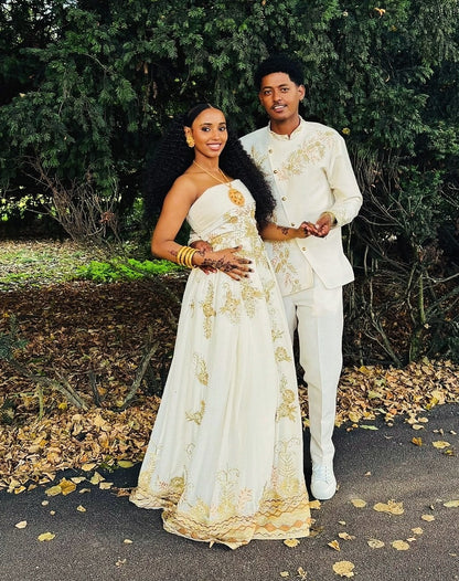 Matching Royal Gold Floral Embroidered Strapless Gown & Men's Shirt Set ethiopian clothing 1302