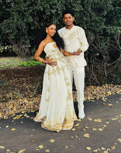 Matching Royal Gold Floral Embroidered Strapless Gown & Men's Shirt Set ethiopian clothing 1302