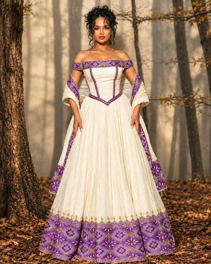 Order AI-Generated Habesha Kemis Online Royal Purple & Gold Ethiopian Traditional Dress