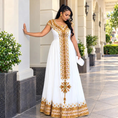 Buy AI-Generated Habesha Kemis Online | Honey Gold & Blush Ethiopian Traditional Dress