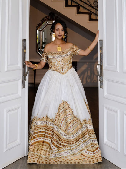 Royal Golden Lattice Off-Shoulder Corset Habesha Dress Multi-Tiered Tapestry Hem Ethiopian wedding Dress 1305