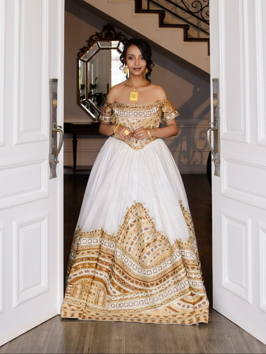 Royal Golden Lattice Off-Shoulder Corset Habesha Dress Multi-Tiered Tapestry Hem Ethiopian wedding Dress 1305