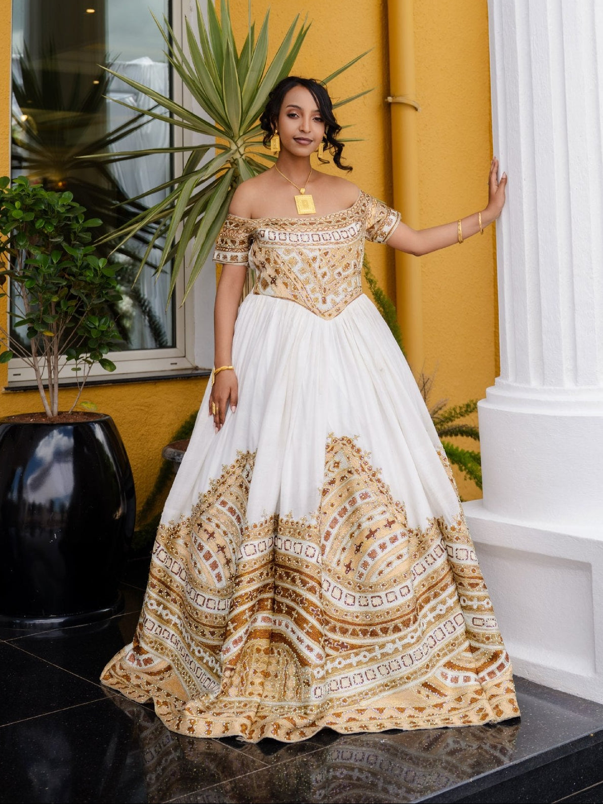 Off-Shoulder Gold Embroidered Bridal Ballgown Traditional Ethiopian clothing