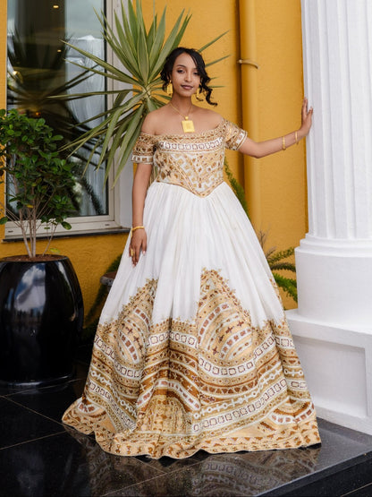 Off-Shoulder Gold Embroidered Bridal Ballgown Traditional Ethiopian clothing