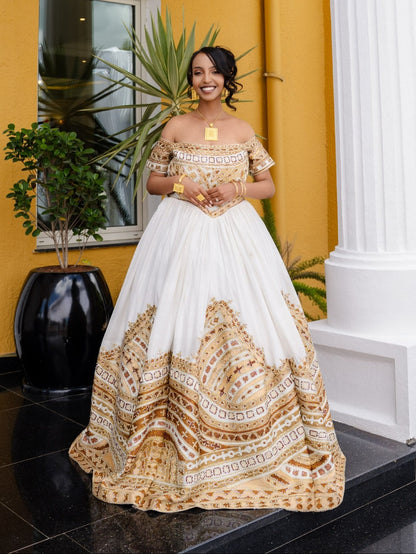 Royal Golden Lattice Off-Shoulder Corset Habesha Dress Multi-Tiered Tapestry Hem Ethiopian wedding Dress 1305